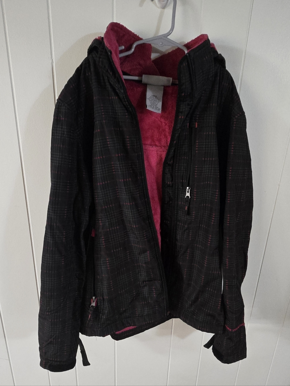 Free Country Women Black & Pink Plaid Hooded Jacket - Size Large
